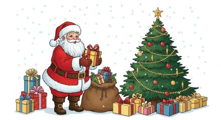 Santa claus with a sack of gifts and a christmas tree, isolated on white background