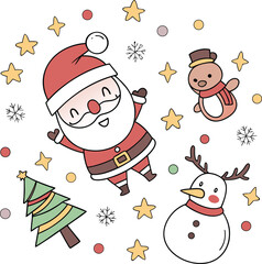 Adorable Whimsical Christmas Scene Vector Illustration with Santa Snowman Reindeer Trees Stars and Snowflakes for Festive Holiday Greeting Cards and Seasonal Decor
