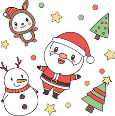Whimsical Cute Kawaii Christmas Holiday Illustration Featuring Santa Reindeer Snowman Tree Stars and Stockings Festive Vector Design