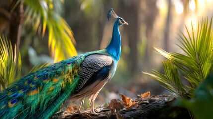 Obraz premium Majestic Peacock Displaying Vibrant Feathers in Lush Forest Setting