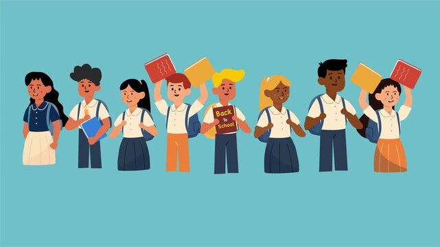 Animated diverse group of students smiling and holding books on blue background