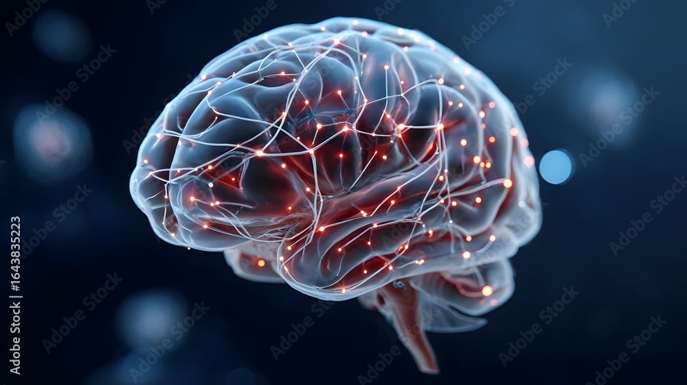 Poster a highly detailed abstract representation of a brain with illuminated neural connections in darkness
