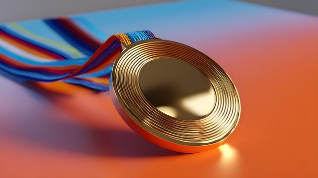 Golden Medal with Colorful Ribbon on Gradient Background Symbolizing Achievement and Success