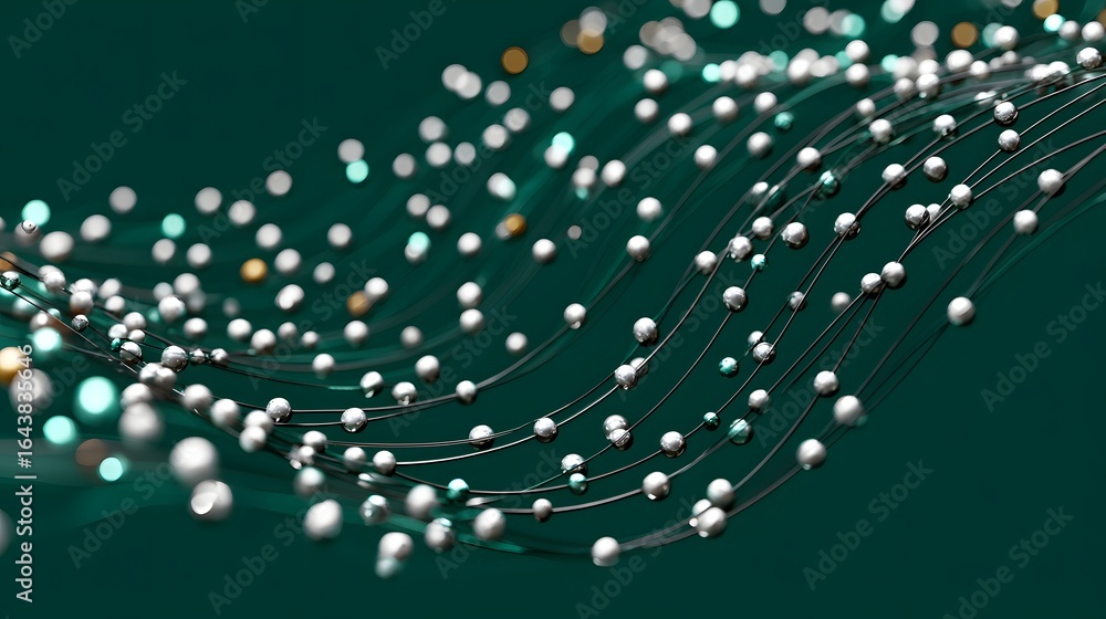 Poster abstract waves of light particles flowing in a digital landscape with depth and color variations