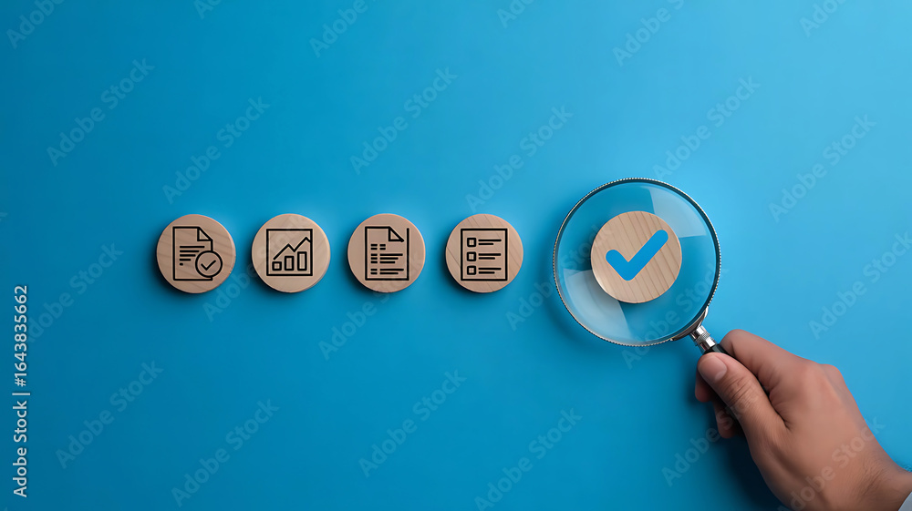 Poster magnifying glass examining wooden discs with checkmarks and documents representing quality control a