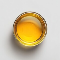 Overhead view of a small, clear glass bowl filled with a vibrant, golden-yellow liquid, subtly reflecting light.  The liquid appears viscous and sits just below the rim