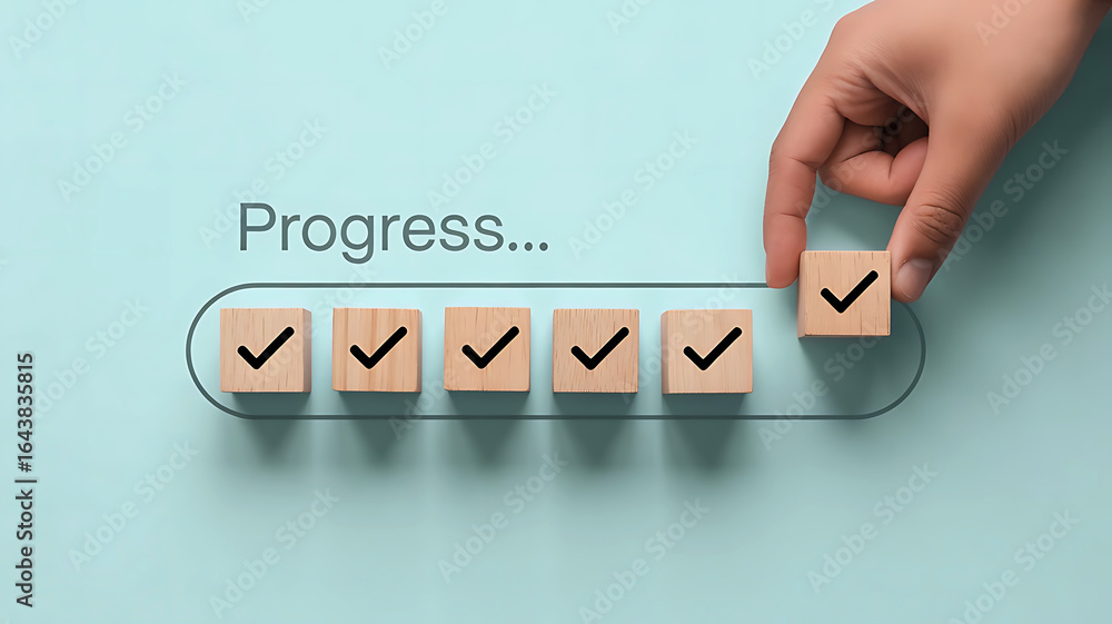 Poster hand placing the final checkmark block to complete a progress bar symbolizing achievement and task c