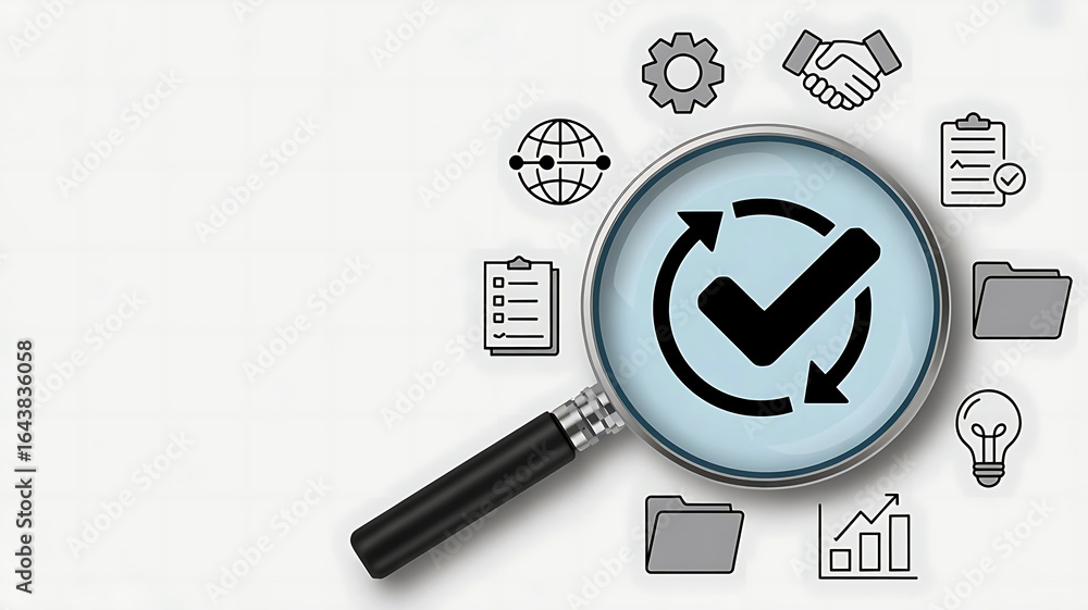 Poster magnifying glass focusing on a checkmark within a circular arrow symbol surrounded by business icons