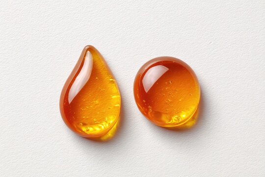 Two amber-hued, glossy droplets of viscous liquid, one teardrop, one oval, rest on a light gray background