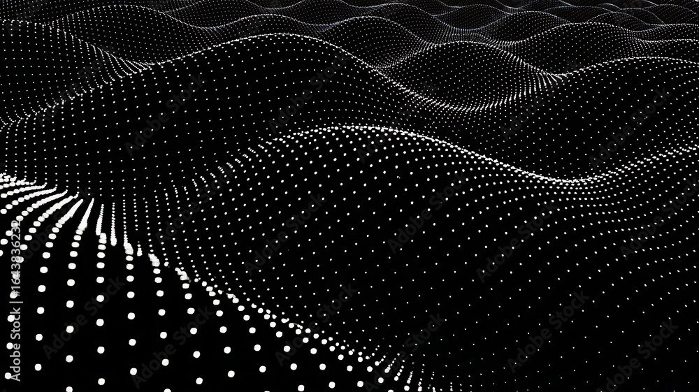Poster abstract digital landscape of flowing white dots creating a textured undulating surface in monochrom
