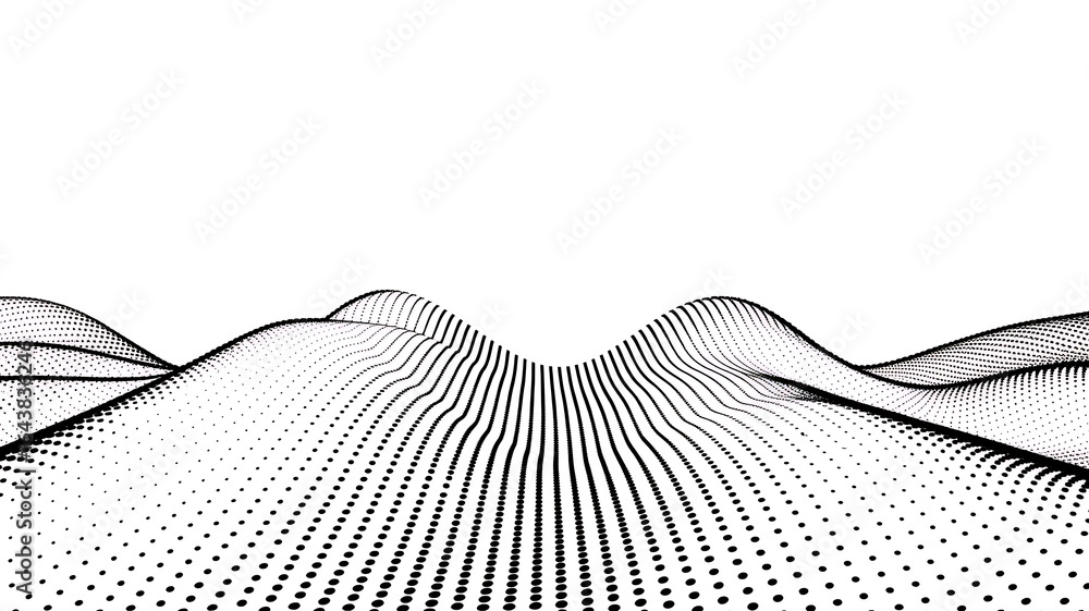 Poster abstract black and white digital landscape formed by a grid of dots creating a topographic or sound 