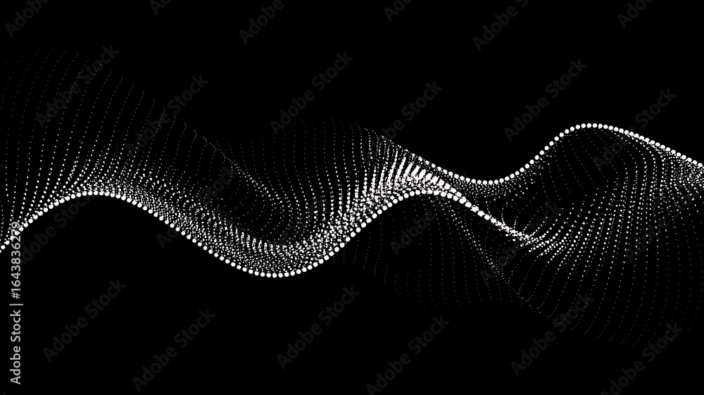 Poster abstract flowing wave of white particles and light trails against a dark black background creating a