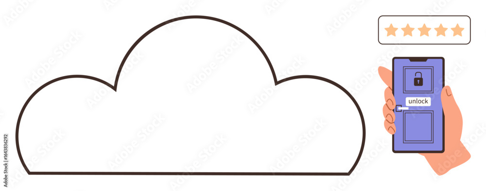 Poster cloud outline paired with a smartphone unlocking storage via keypad and 5-star feedback. ideal for s