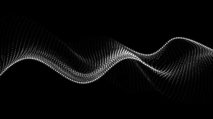 Abstract flowing wave of white particles and light trails against a dark black background creating a dynamic energetic pattern