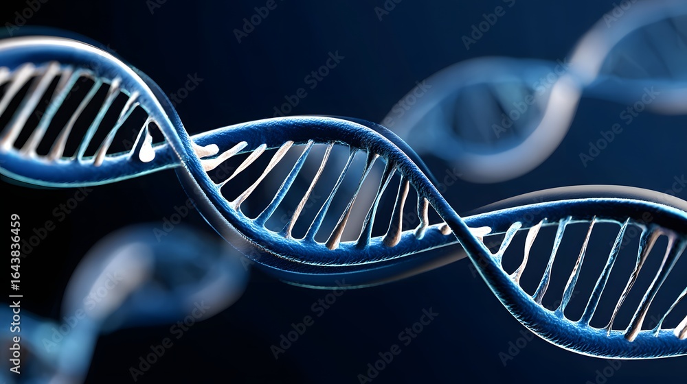 Poster abstract representation of a dna double helix structure on a dark background with blue highlights