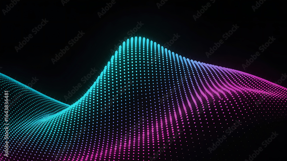 Poster abstract glowing neon digital wave made of tiny particles against a dark background with vibrant col