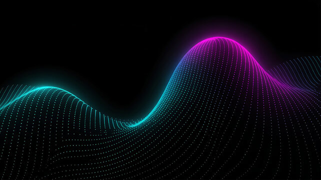 Abstract glowing digital waveform made of tiny particles in vibrant neon blue and pink on a dark background