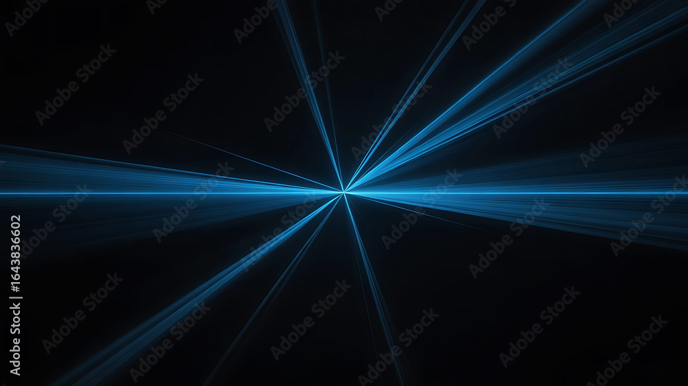 Poster abstract blue light rays emanating from a central point against a dark black background creating a f
