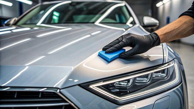 Worker applying ceramic coating on silver car hood using sponge applicator, concept of car detailing, paint protection and auto care
