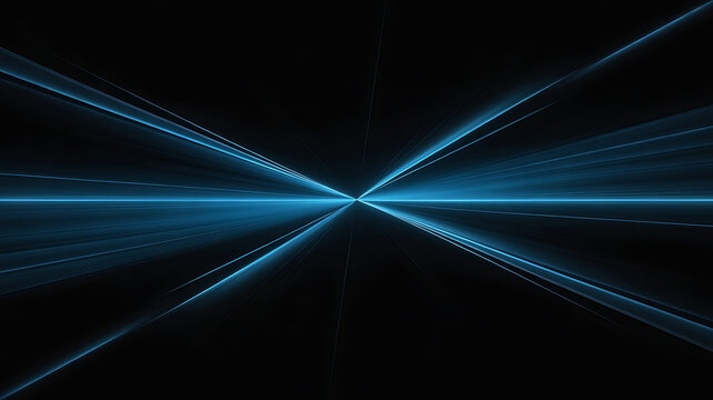 Abstract blue light beams converging at a central point creating a futuristic and energetic digital tunnel effect on black background - Powered by Adobe