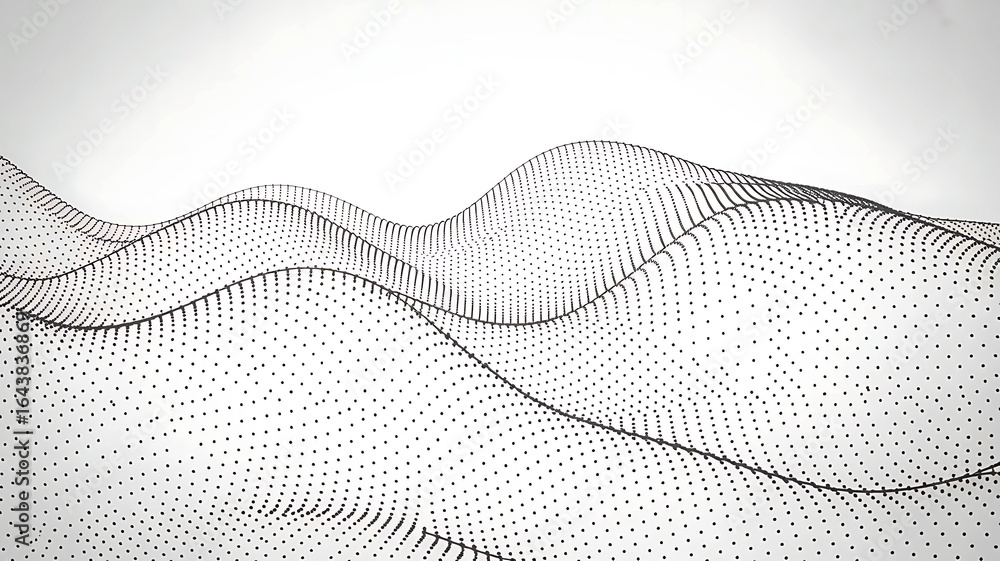 Poster abstract black and white digital landscape formed by countless tiny dots creating a textured undulat
