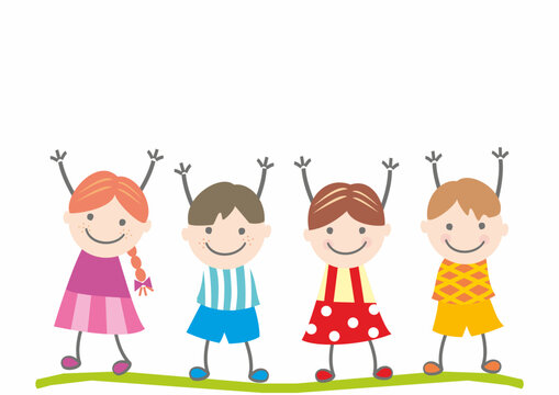 Group of four smiling children, hands up, conceptual illutration, funny vector illustration, template