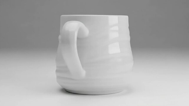 White ceramic mug with custom logo design, side view showcasing smooth surface and handle