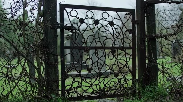 Ornate metal gate in a cemetery, framed by overgrown foliage