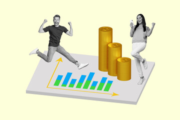 Creative 3d full art image collage of two happy business partners girl guy stand graph arrow money...