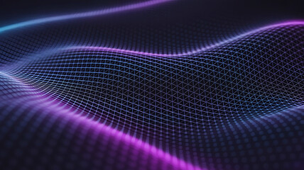Abstract digital wave pattern with glowing neon purple and blue light trails on a dark background