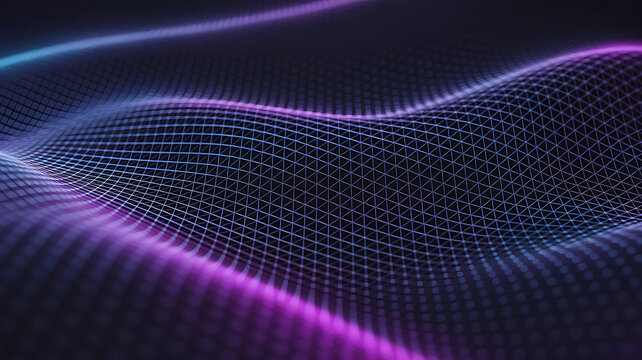 Abstract digital wave pattern with glowing neon purple and blue light trails on a dark background