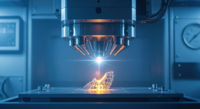 Detailed image of laser sintering head depositing molten titanium powder to form medical implants layer by layer in controlled atmosphere chamber.