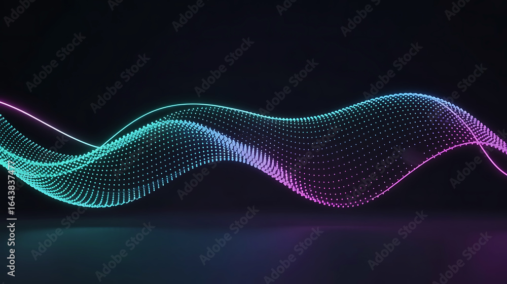 Poster abstract glowing wave of colorful digital particles flowing in a dark futuristic technological backg