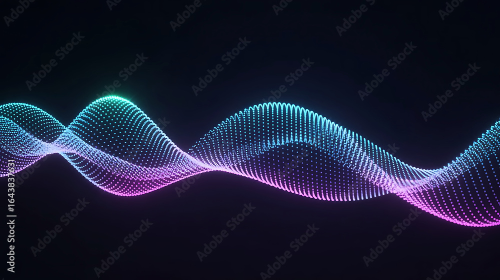 Poster abstract glowing digital wave of colorful particles flowing smoothly across a dark background with a