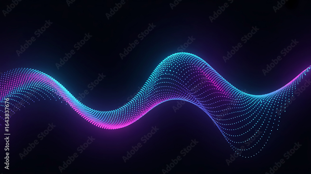 Poster abstract glowing neon wave of particles flowing smoothly across a dark background with vibrant blue 