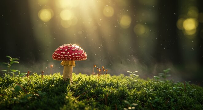 Enchanting fly agaric mushroom glows in sunlit mossy forest floor with magical light rays