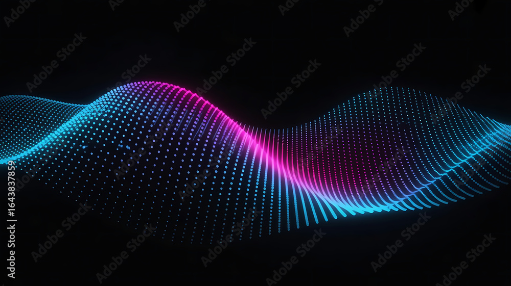 Poster abstract glowing wave of blue and pink dots on a dark background representing data or sound