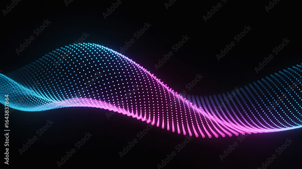 Poster abstract flowing wave of glowing neon particles transitioning from turquoise to magenta against a da