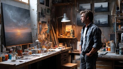 Male Artist Contemplating Sunset Painting in Creative Studio with Art Supplies and Natural Light