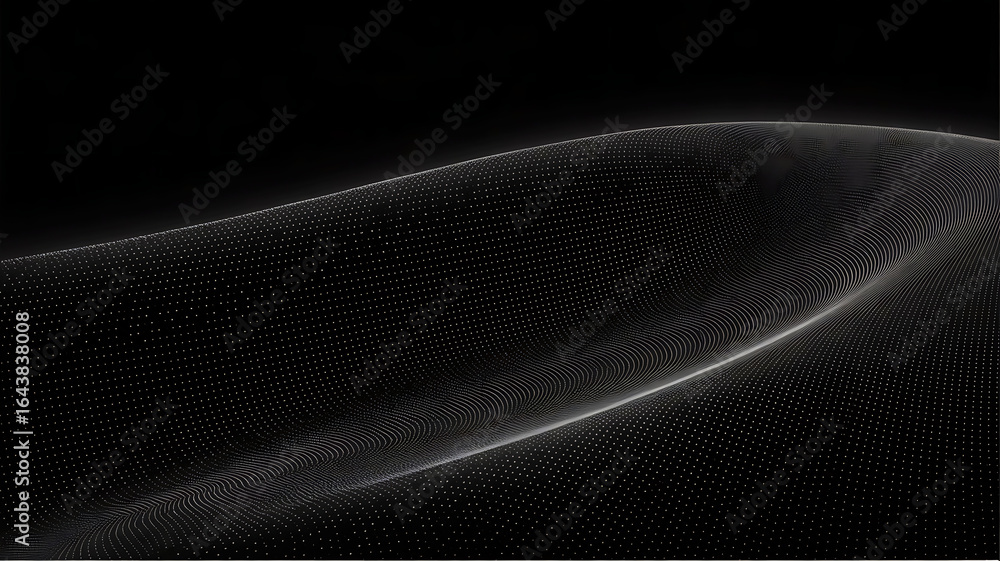 Poster abstract flowing wave of shimmering white particles against a dark black background with subtle ligh