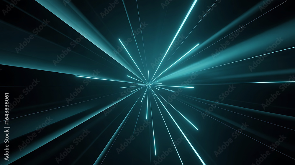 Poster abstract teal and white light streaks emanating from a central point creating a sense of speed and m