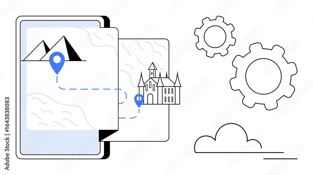 Poster mobile device with a map showing a route between mountains and a castle, surrounded by clouds and ge