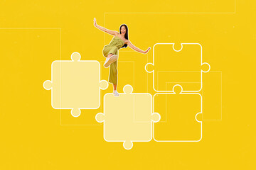 Composite creative art collage of happy businesswoman stand puzzle element jigsaw cutout sticker...