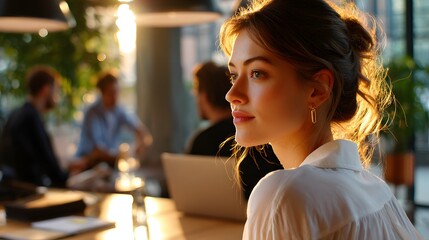 Portrait of a Thoughtful Young Woman in a Sunlit Office During a Business Meeting
