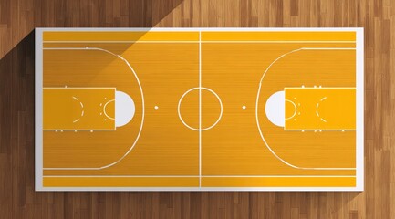 Overhead view of a yellow-orange basketball court with white lines, situated on a dark wood floor, casting a shadow