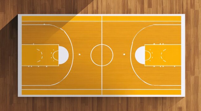 Overhead view of a yellow-orange basketball court with white lines, situated on a dark wood floor, casting a shadow