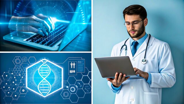 Medical Technology and Genetics Concept with Doctor Using Laptop, DNA Double Helix and Digital Interface Illustrations in Scientific Background

