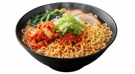 Spicy kimchi ramen noodle bowl with pork and vegetables, isolated on white background