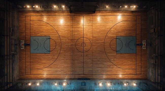 Overhead view of an empty, well-lit basketball court at night, showing the wooden floor, markings, and surrounding structure