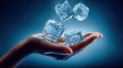 Ice cubes cascade into a hand, creating a cool, refreshing scene against a blue backdrop.